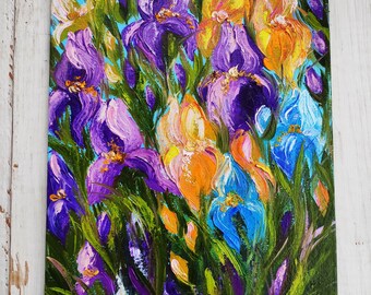 Original iris painting, impasto flowers art, oil painting on canvas, mom day gift idea, purple yellow wall art, floral bedroom artwork