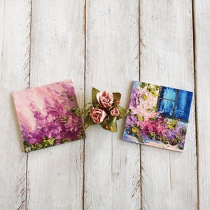 Mini set toile peinture à l'huile originale empâtement fleurs Beau cadeau peinture Floral miniature Cartes de voeux d'anniversaire Petit cadeau pour elle