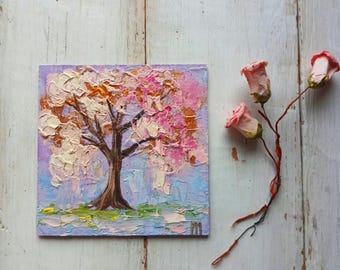 Kersenbloesem schilderij Impasto olieverfschilderij klein canvas roze bloemenkunstwerk Getextureerde schilderij lentebloesem boom kunst Verjaardagscadeautjes