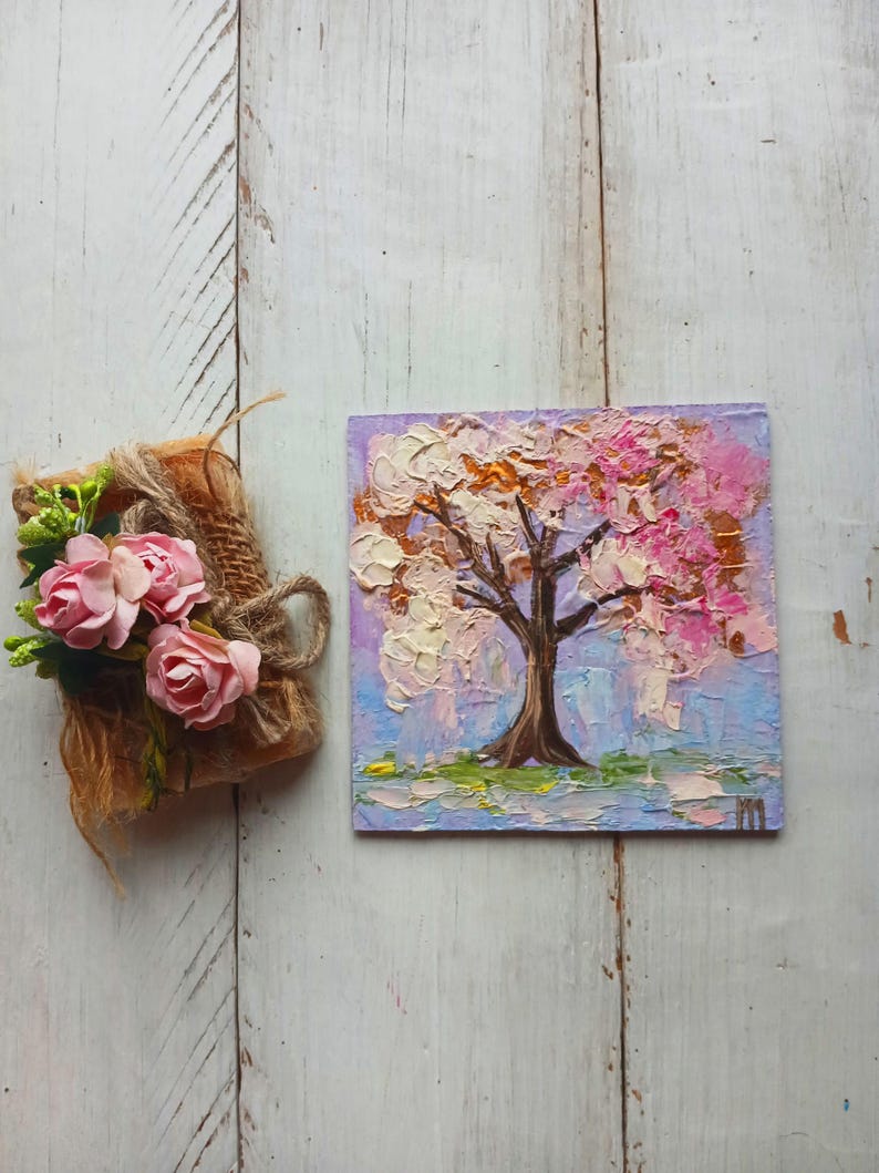 Cherry Blossom Painting Impasto Oil Painting Small Canvas Pink Floral ...