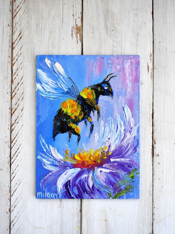 Bee painting mini canvas art art from Ukraine bee with flower