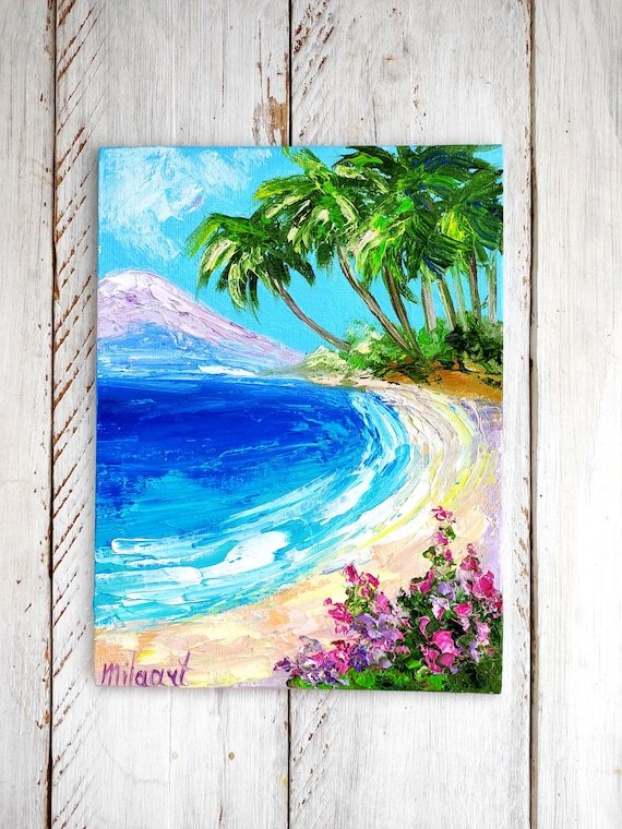 Beach Palms Landscape Tropical Miniature Impasto Oil Painting Canvas Ocean  Artwork Sea Beach Art Hawaii Wall Art Paradise Painting -  UK