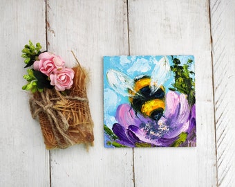 Bee painting  Mini canvas art Small painting 4x4 artwork Bee with flower art Honey bee art Birthday presents for mom Mother in law gift