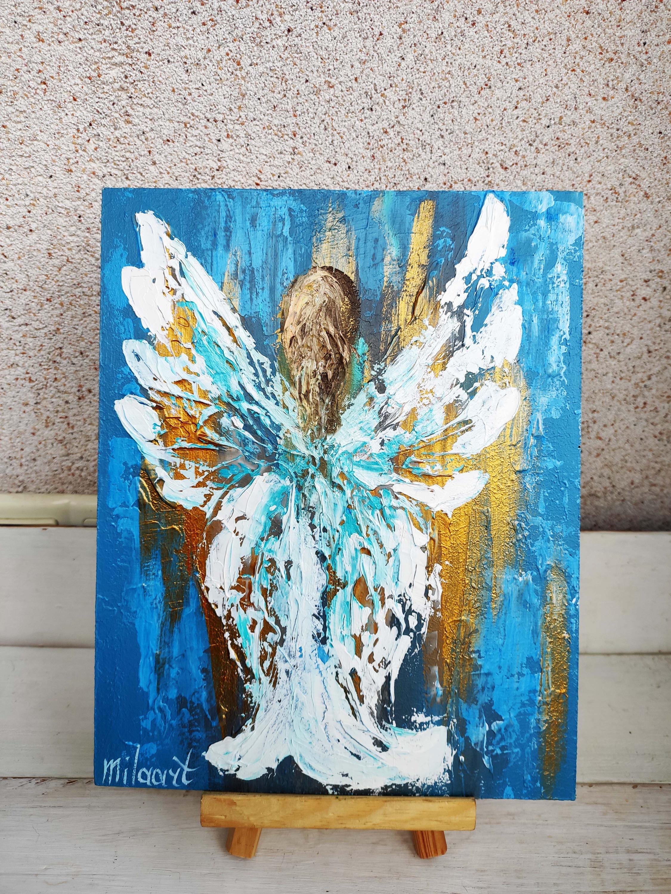 天使の絵画、守護天使のアート、キャンバスに描いた厚塗りの油絵、天使