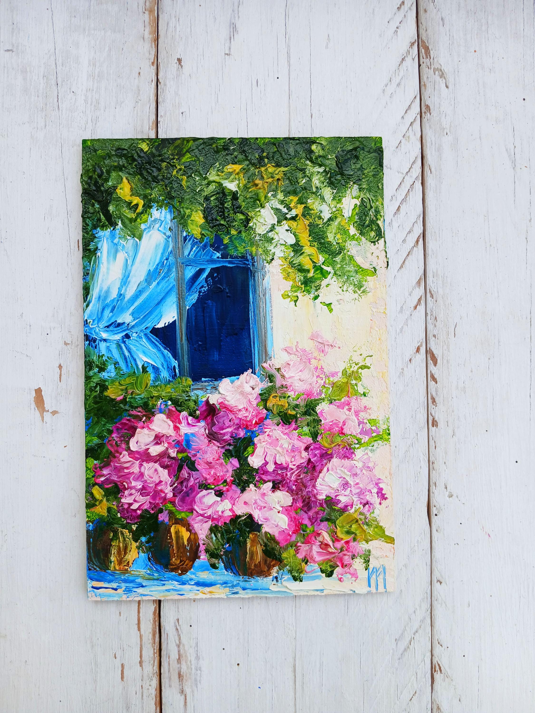 野花の小さな絵画、ピンクの庭の花のアート、キッチンミニキャンバス