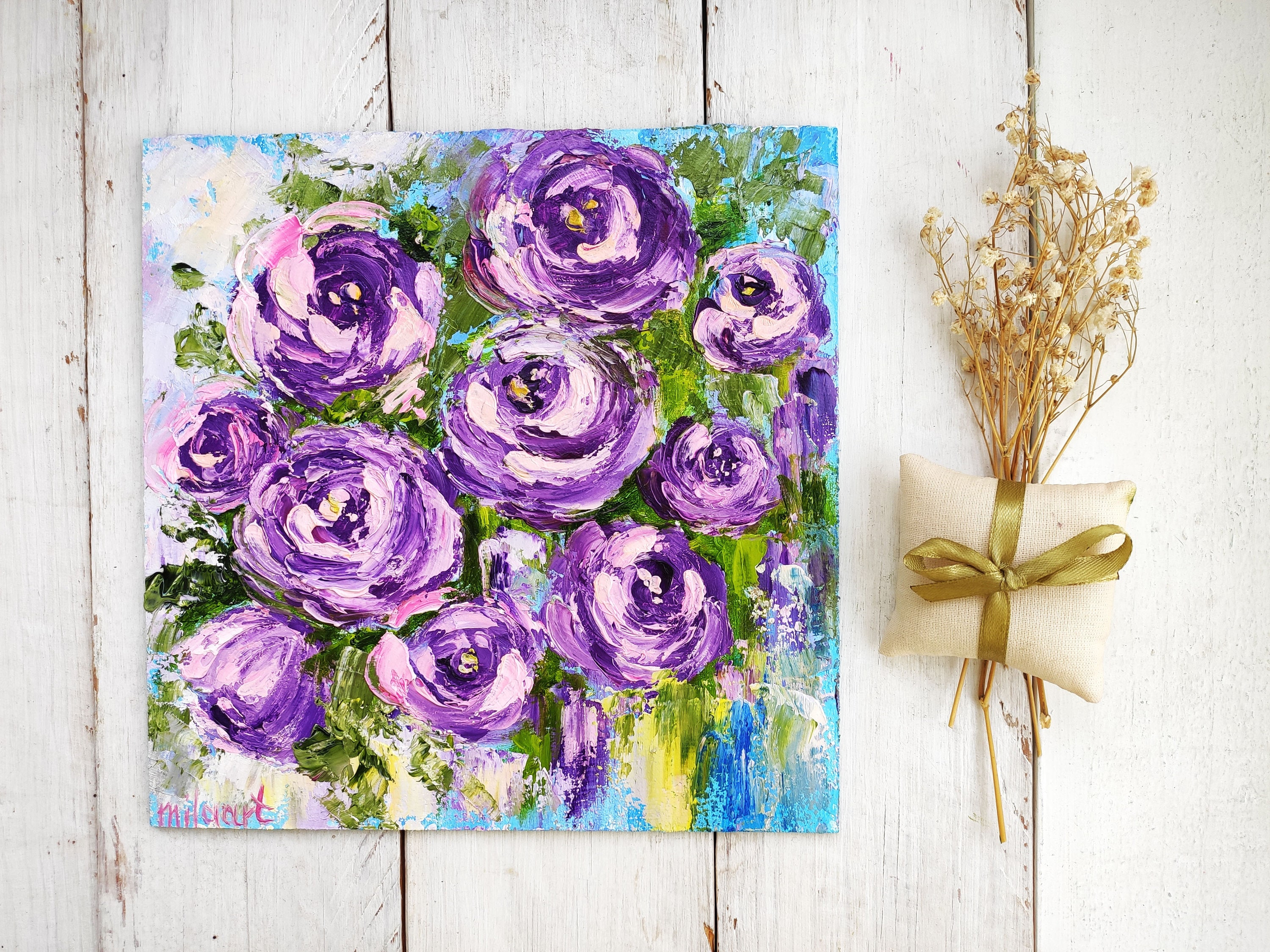 キャンバスに描かれた紫のバラの油絵 花の抽象芸術作品