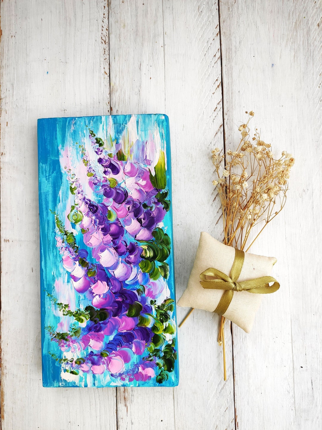 Floral Impasto Abstract, Original Oil Painting on Wood, Purple Blue ...
