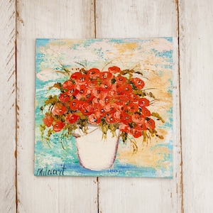 Poppy painting, impasto art, meadow flowers, small floral oil painting, poppies artwork, present for sister, affordable wall art 6x6