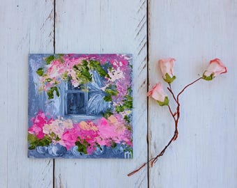 Miniatuur landschap origineel olieverfschilderij wenskaart klein poppenhuis schilderij Franse kleine kunst bloesem bloemen kunstwerk verjaardag idee