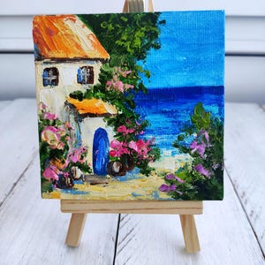 Amalfi coast 4x4 oil painting Seaside artwork Mini canvas painting Italian artwork Anniversary presents Scenic landscape Birthday presents