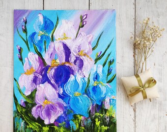 アイリスの花の絵画 インパストアートワーク 草原の花の静止抽象 オリジナル油絵 キャンバス 紫色の花 誕生日の挨拶 農家
