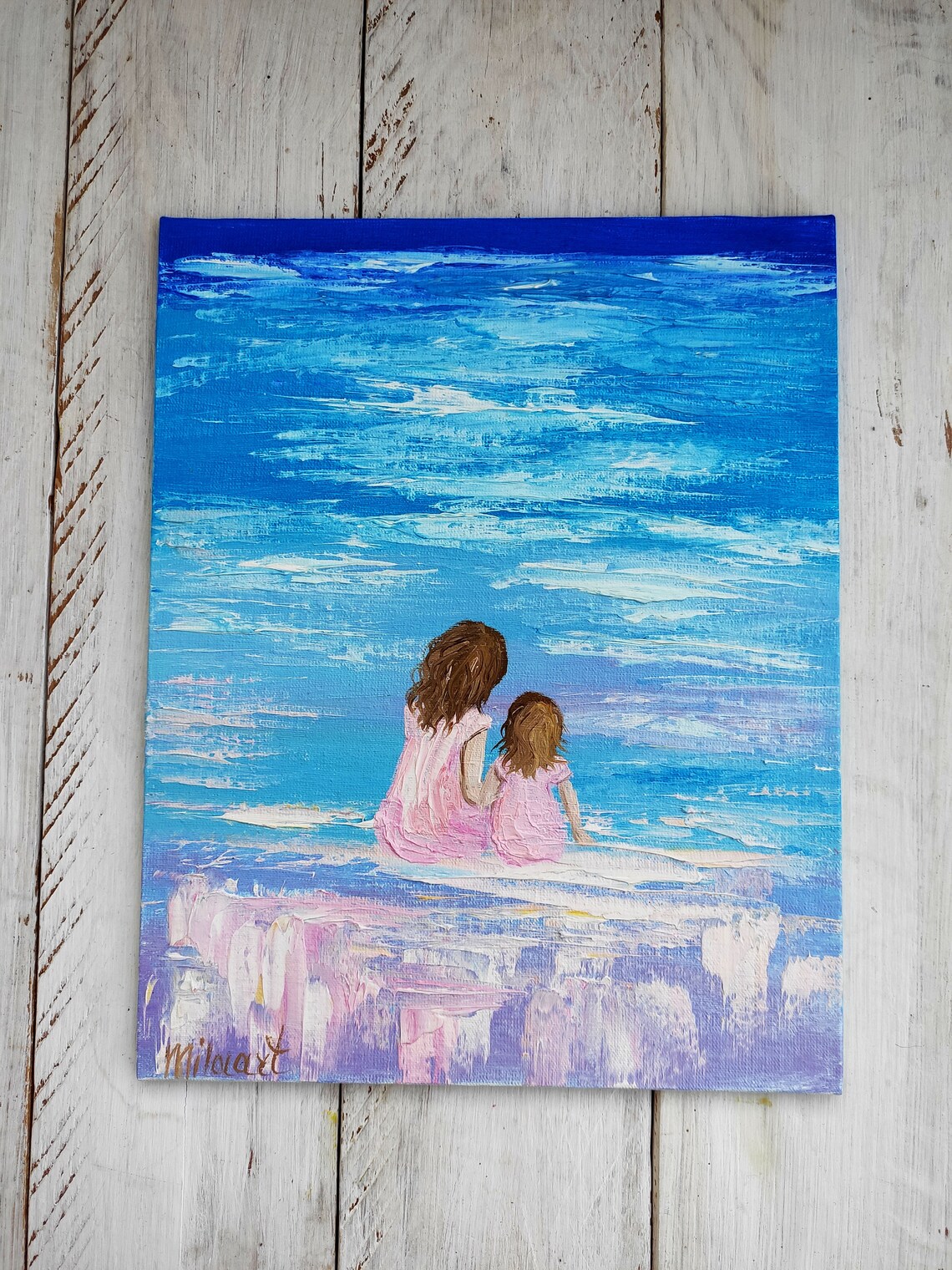 Mom with daughter Miniature painting Original oil canvas Beach Etsy