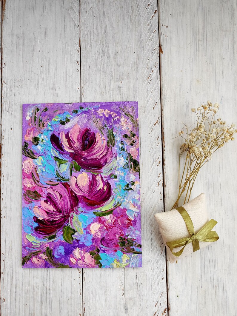 Purple Blue Floral Oil Painting Impasto Abstract Flower Etsy