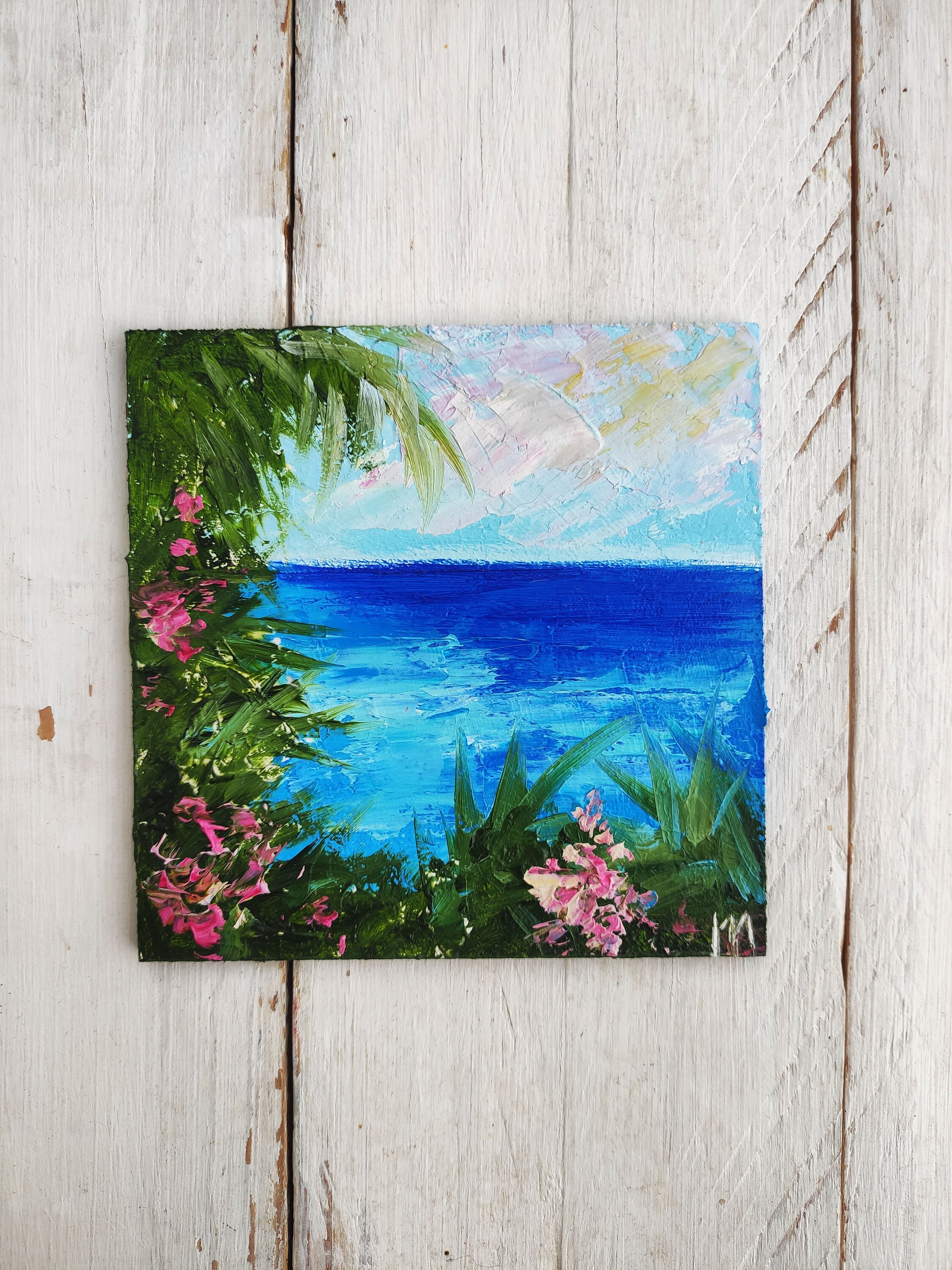 ハワイの絵画ミニアート 4x4 油絵 記念日のプレゼント トロピカル