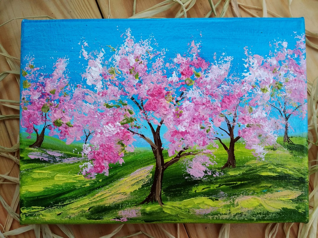 Cherry Blossom Tree Painting, Spring Mini Painting, Original Oil Art on