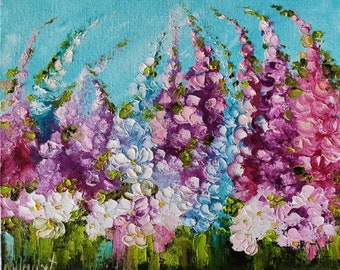 Flowers oil painting on canvas original Abstract Impasto art Meadow flowers field Bright floral landscape Small gift for her Impasto flowers