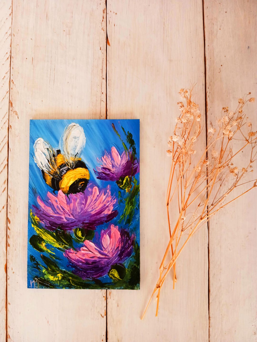 Bee Oil Painting Floral Artwork Bumblebee Mini Canvas Art Presents for ...