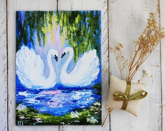 Swans on lake Miniature painting Original oil canvas Impasto Small lake Landscape Water lilies Mini painting Romantic gift for couples