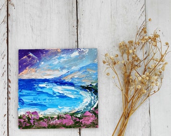 Mini peinture sur toile 4x4, peinture à l'huile, paysage côtier italien, petite peinture, cadeau d'anniversaire, peinture de paysage marin italien, cadeau d'anniversaire