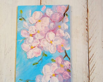 Cherry blossom painting Impasto original oil painting on canvas Spring blossom tree art Pink floral artwork Textured painting Palette knife