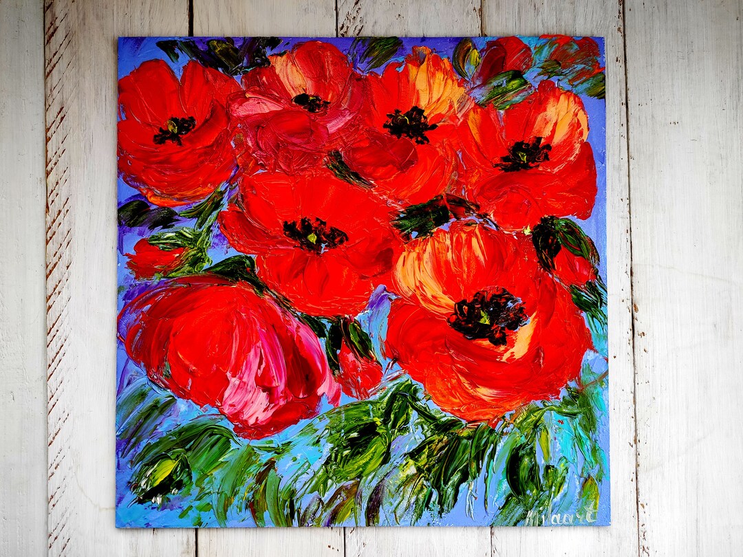 Poppy Oil Painting Canvas Original, Red Flowers Impasto Artwork Gift ...