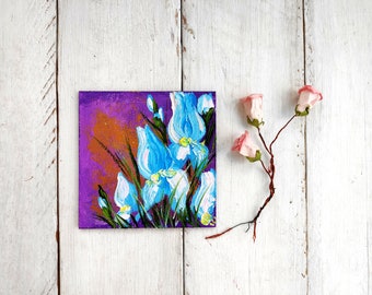 Iris painting Mini canvas Floral oil painting Impasto artwork Mini painting Birthday presents 4x4 painting Presents for mom Small painting