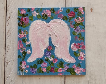 Angel painting Small painting Mini floral oil painting Guardian angel Angel wings art Impasto painting Mini canvas art Birthday presents