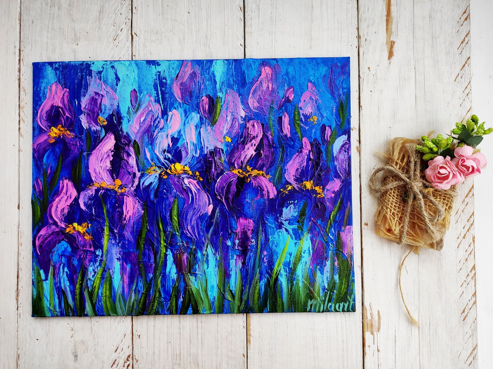 Purple iris painting impasto flowers art meadow oil painting | Etsy