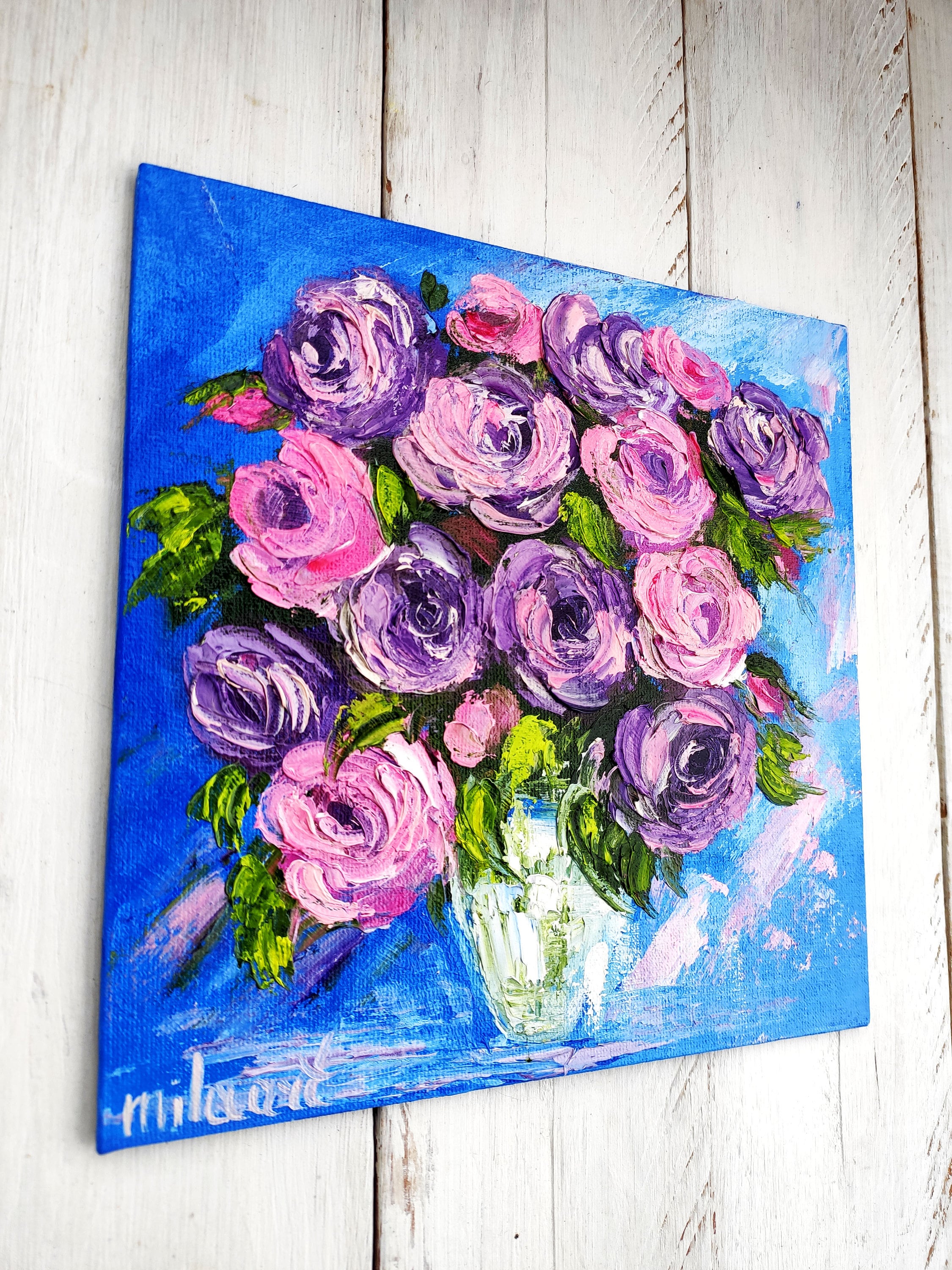 紫色の花の絵画 母の日の贈り物 テクスチャーのある壁アート