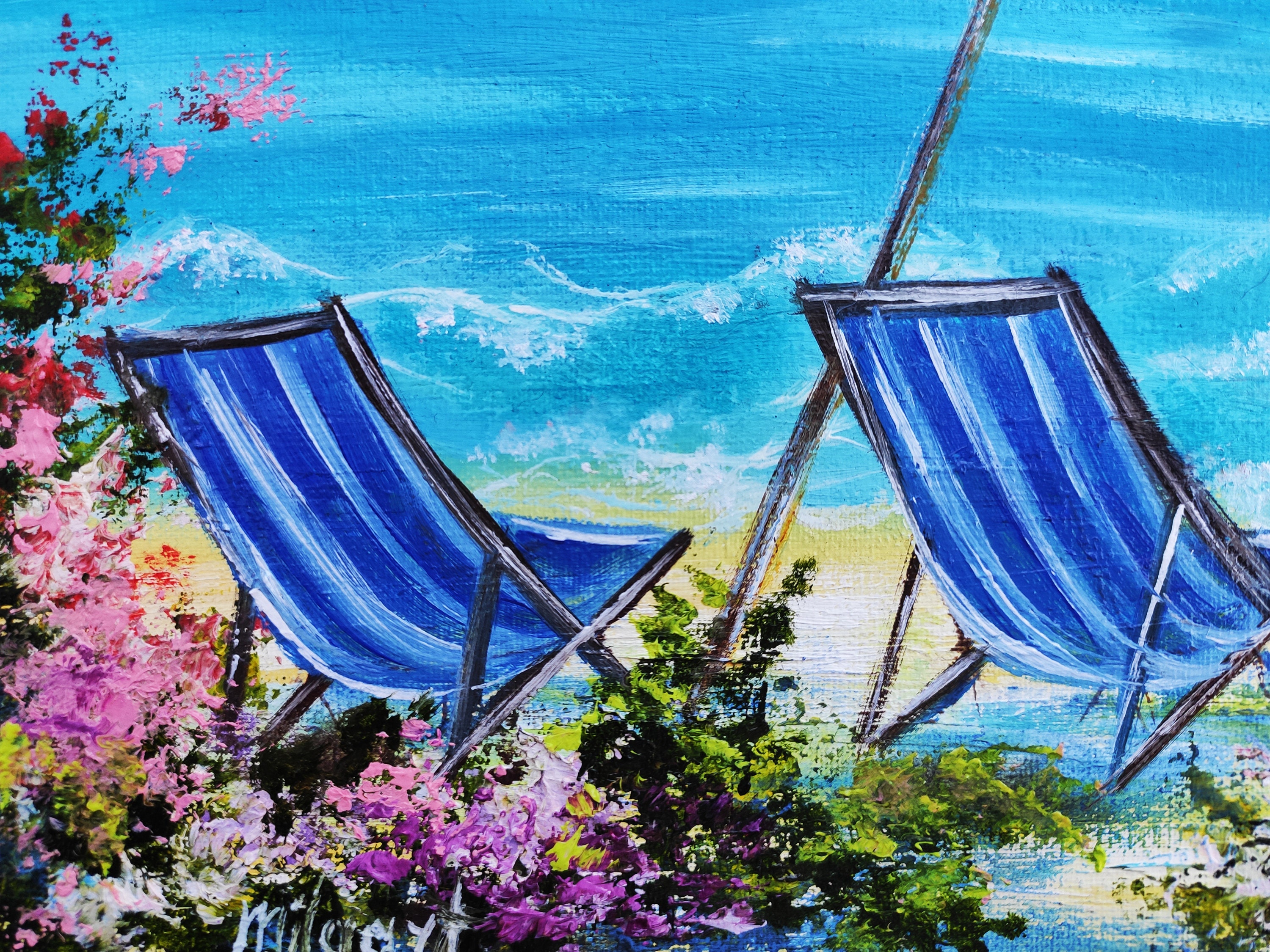 Beach umbrella art Original oil painting on small canvas Etsy