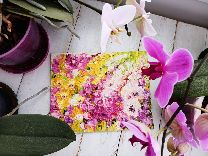 Arte abstracto en lienzo pequeño, mini pintura rosa, obra de arte empastada, arte abstracto floral, arte de campo de flores de pradera, decoración de apartamentos imagen 11