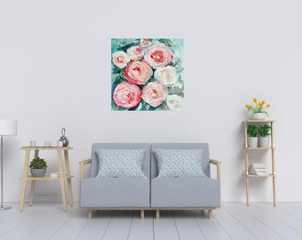 Floral oil painting Textured Oversized wall art Pink flowers Impasto Large oil painting on canvas House painting Blossom artwork Rose art