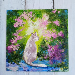 Peinture de chat Peinture ukrainienne Mini toile d'art Chat avec fleur Idées cadeaux pour amoureux des chats Peinture de chaton Art d'Ukraine MilaPollyart