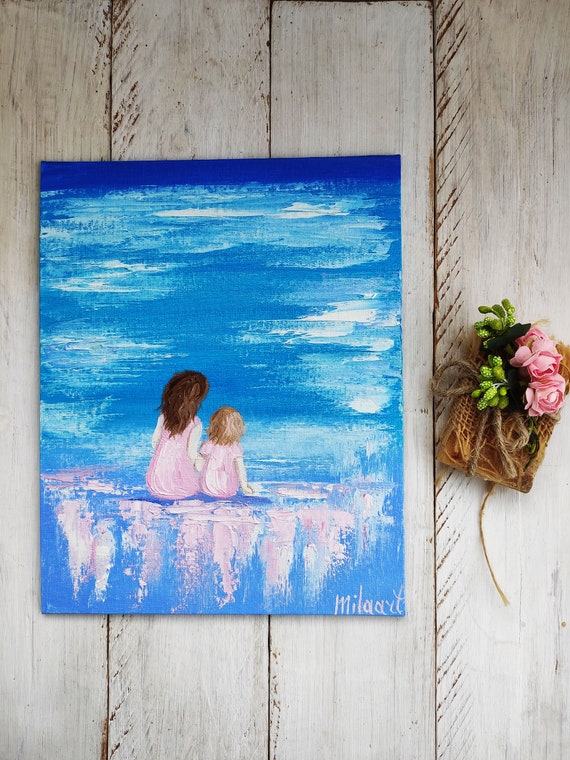 Mom With Daughter Miniature Painting Original Oil Canvas Beach Etsy