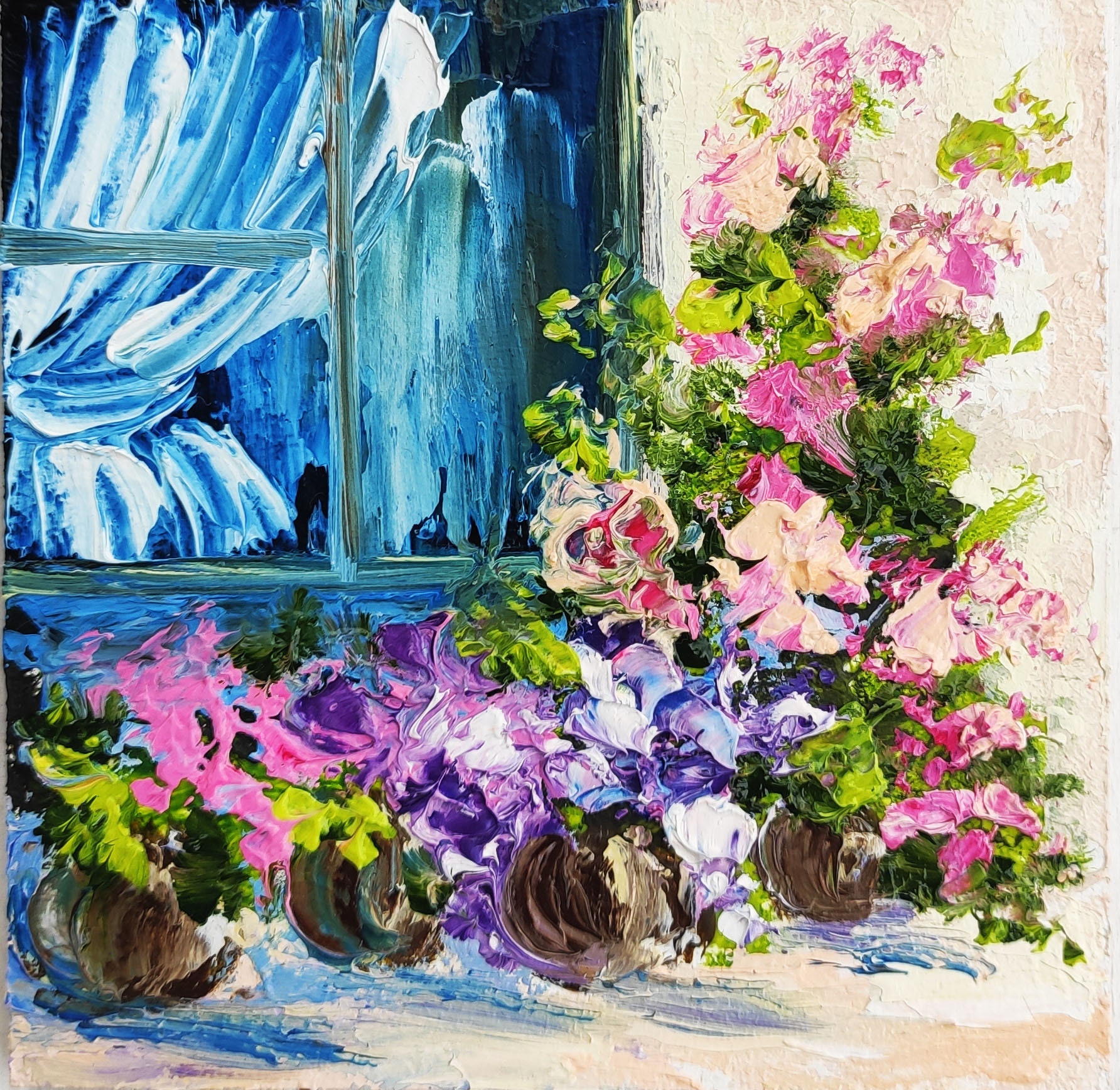 大きな油絵 キャンバスに描かれた花の絵 厚塗り テクスチャのある特大