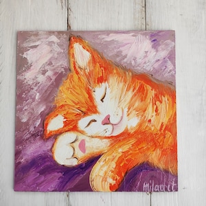 Small cat painting Mini painting canvas Orange cat art  Cat lover gift ideas Kitty painting Optimistic art Miss you gift Homemade artwork