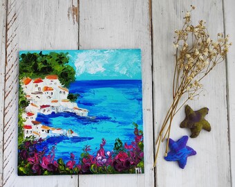 Positano painting Amalfi coast Impasto oil painting Cottagecore decor Italian wall art Countryside Italy landscape Seascape Palette knife