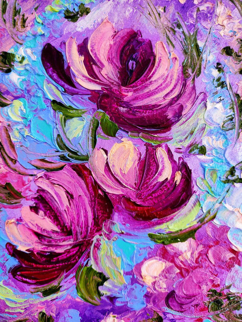 Purple Blue Floral Oil Painting Impasto Abstract Flower Etsy