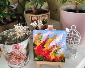 Mini floral painting Impasto canvas Small painting Birthday presents for mom Bouquet painting Mother in law gift Gift for aunt 4x4 painting