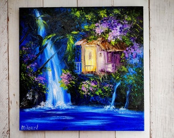 ハワイのオリジナルキャンバス油絵、インパストハワイアンアート、トロピカルウォールアート、滝の風景、手作りアート、コテージコア装飾