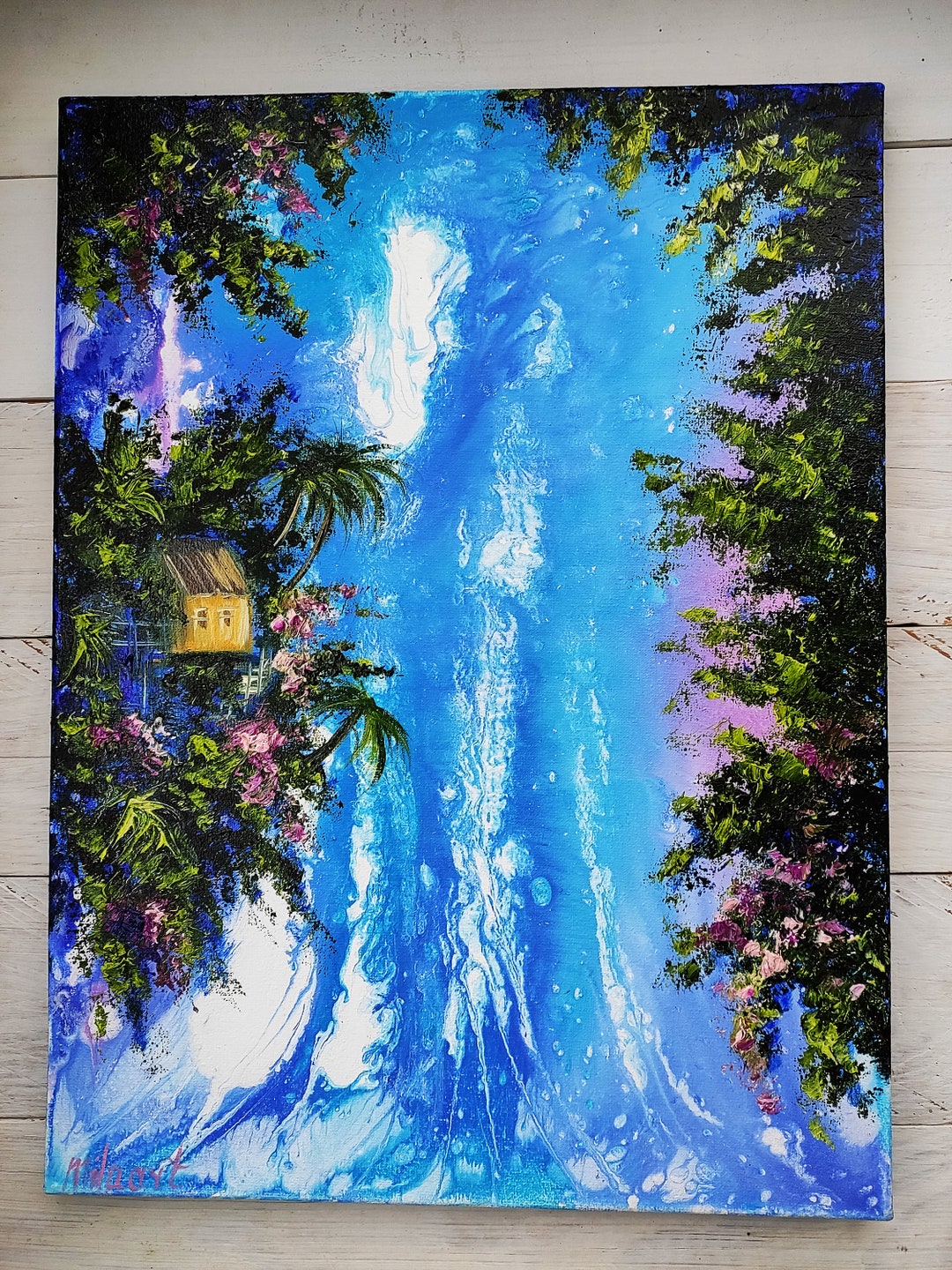 Waterfall Landscape Impasto Oil Painting on Canvas Colorful Tropical ...