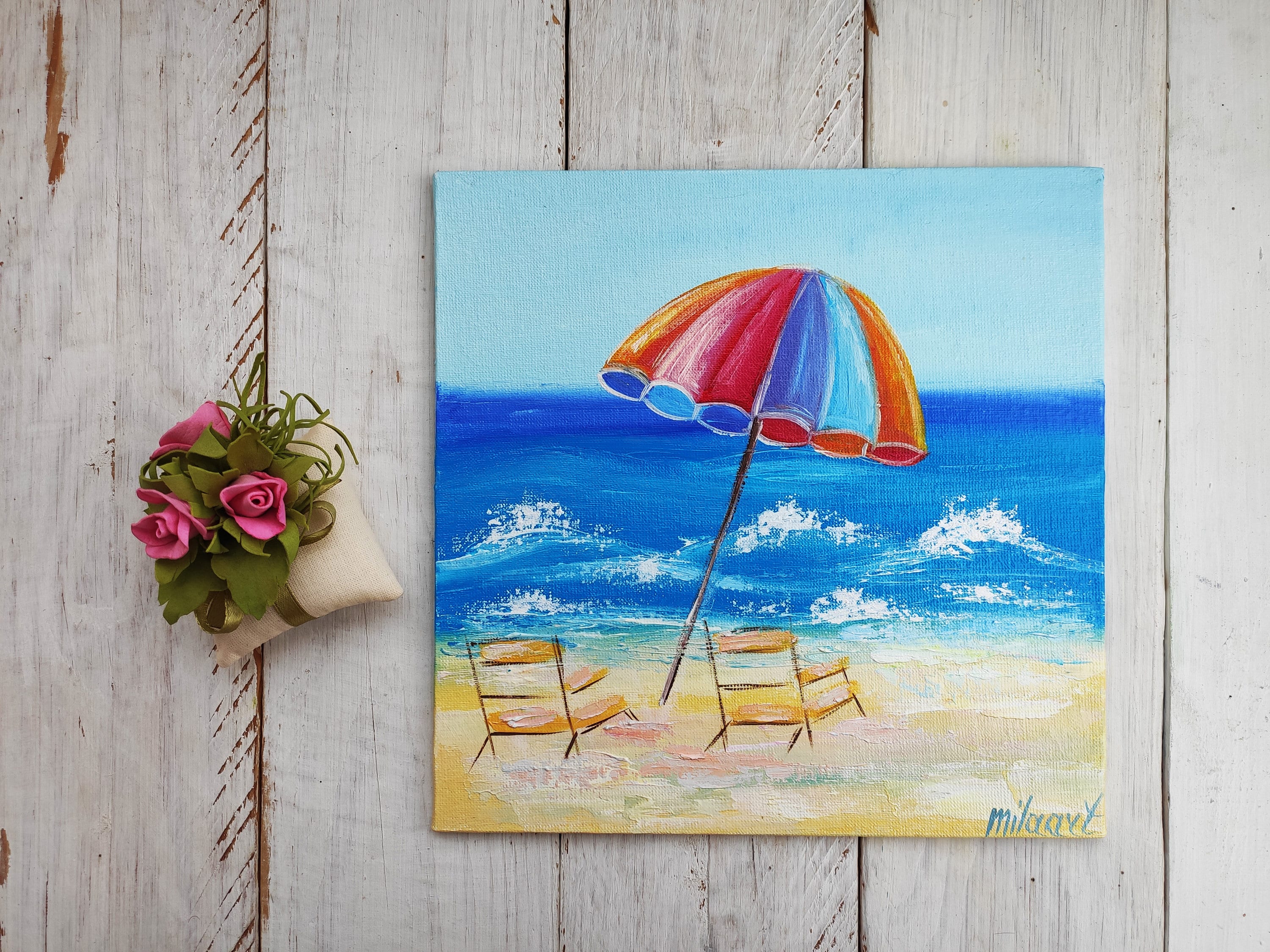 Beach umbrella Original oil painting canvas Mini painting Etsy