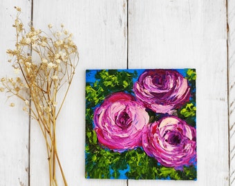 Mini pink floral artwork, wildflowers oil painting, impasto small artwork 4x4, homemade decor, tiny flowers, pink rose art by MilaPollyart