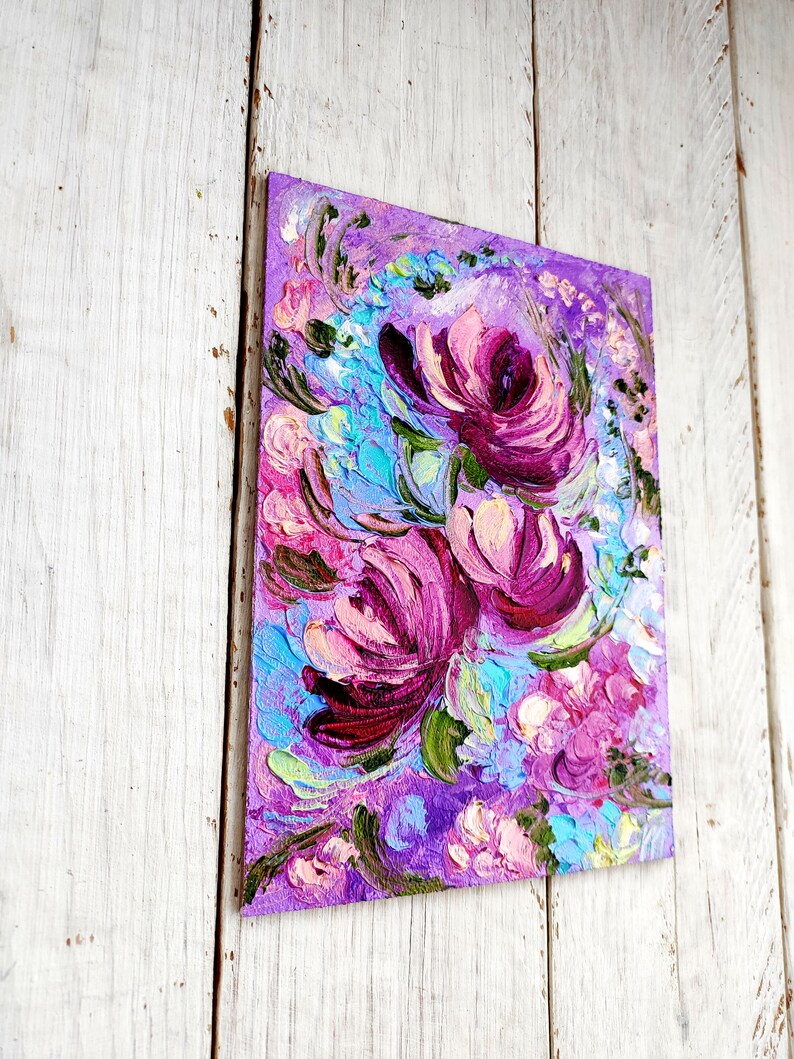Purple Blue Floral Oil Painting Impasto Abstract Flower Etsy