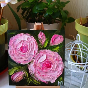 野花の小さな絵画、ピンクの庭の花のアート、キッチンミニキャンバス