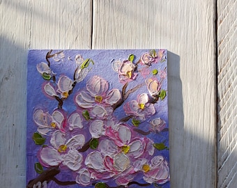 Cherry blossom painting original Happy Mothers day Mini canvas painting Small art Palette knife Homemade Floral artwork by MilaPollyart