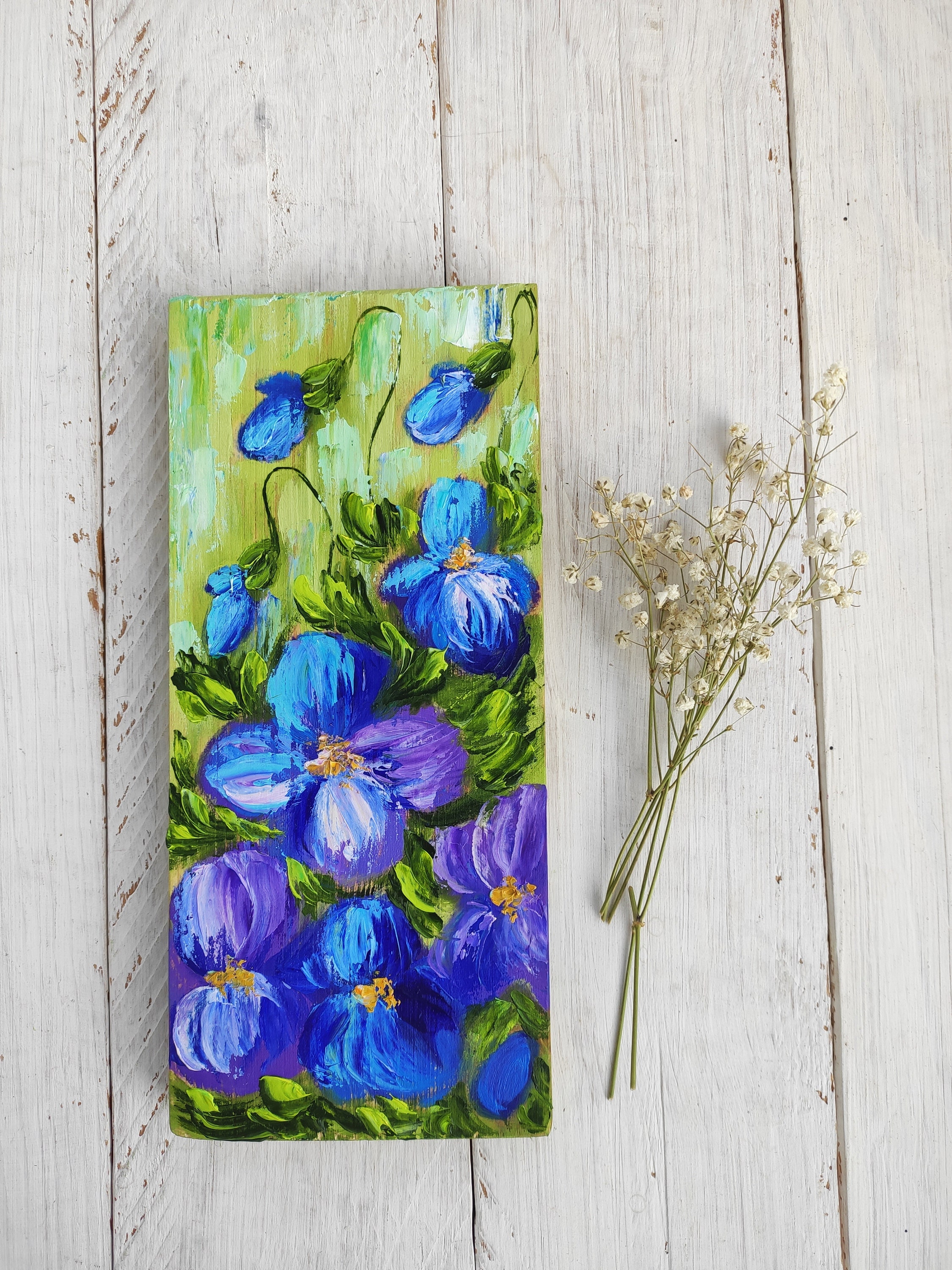 Violet Flowers Miniature Painting on Wood Original Oil Art Mini Floral ...