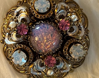 Vintage Dragon's Breath Glass Brooch: Rhinestone & Faux Pearl, West Germany