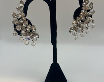 Vintage 1950s rhinestone and Aurora Borealis crystal dangle earrings.