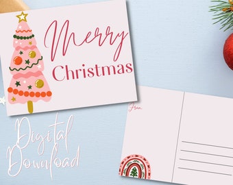 Pink Tree Modern Christmas Digital Download Postcard // Pretty Merry Christmas Digital Holiday Postcard // Girly Christmas card